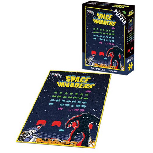 Retro arcade alien invasion puzzle box with the finished 550-piece puzzle in front