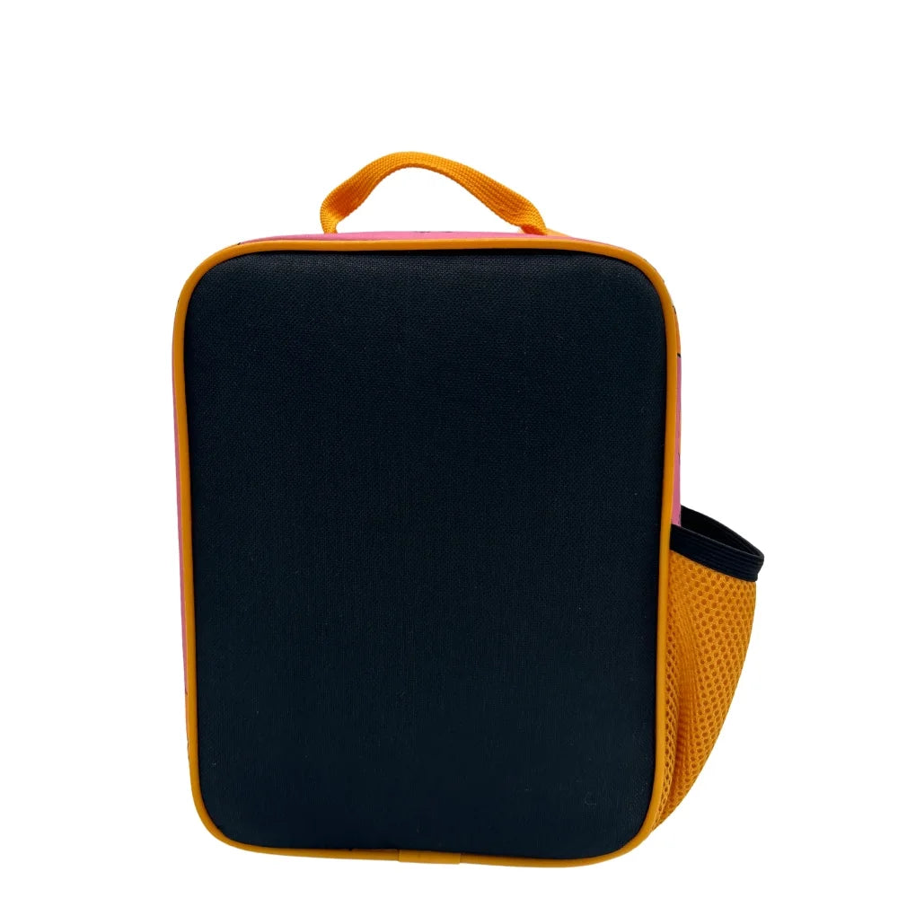 Plain black back of the lunch bag with orange trim and handle