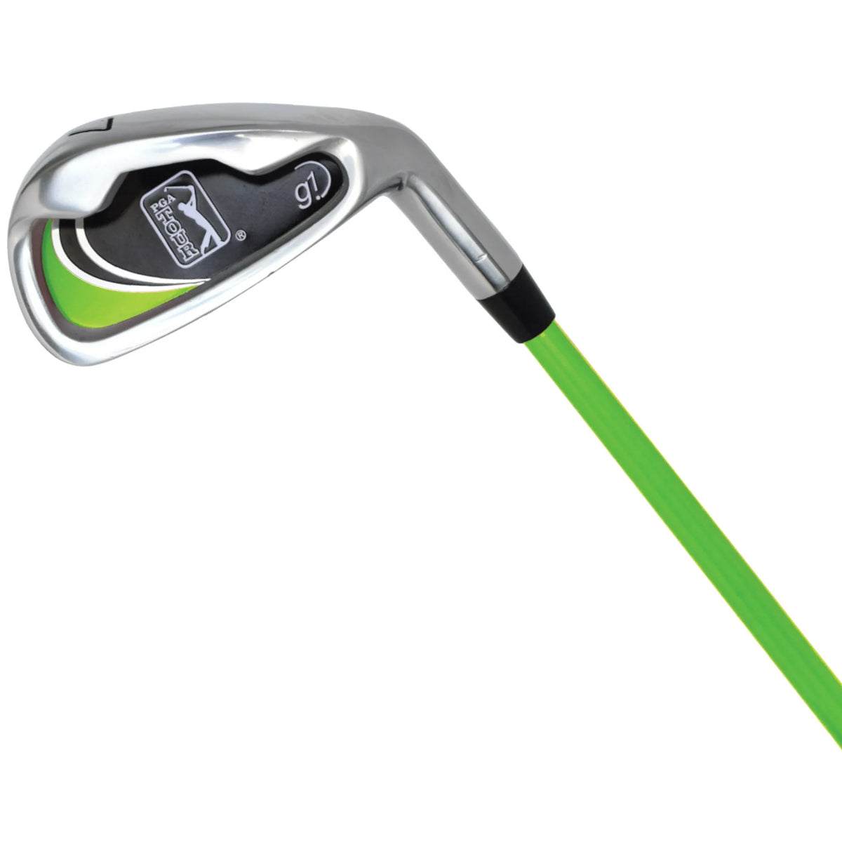 Close-up of the chrome G1 junior iron head with green accent and green shaft