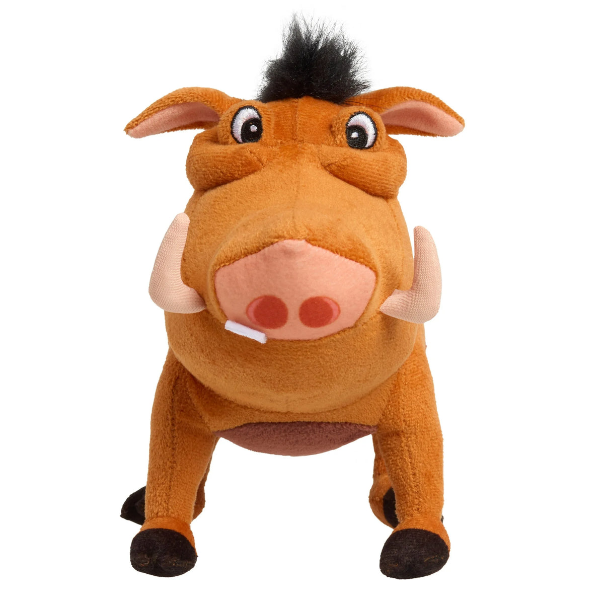 Orange plush warthog with pink tusks, black mohawk and a big snout