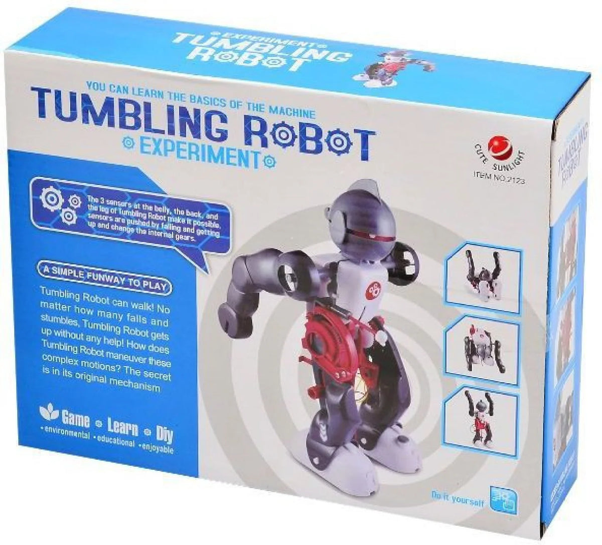Tumbling Robot Experiment box showing the gray and white robot with its red gear mechanism