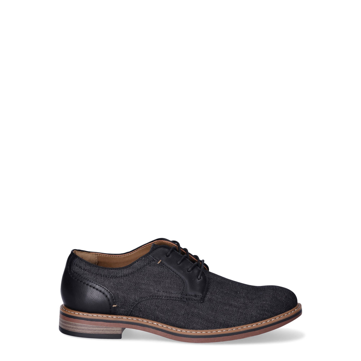 Side view of the black denim oxford with a leather heel panel