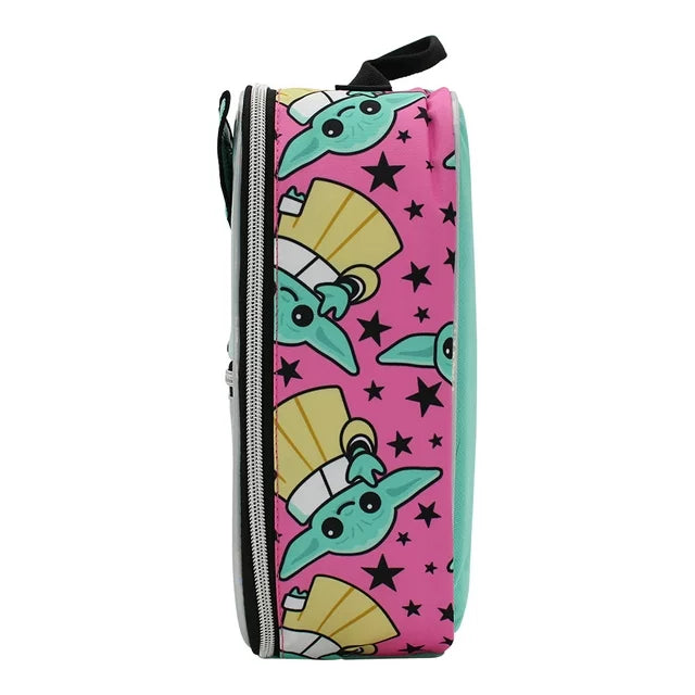 Pink side panel of the lunch bag printed with Grogu and black stars