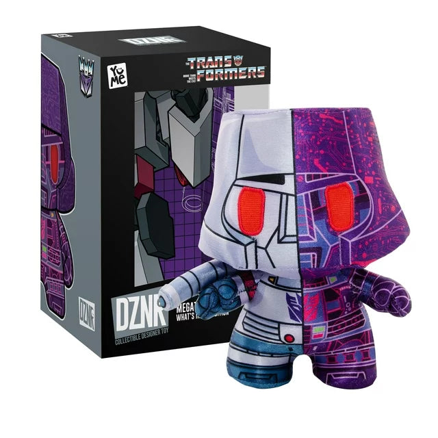 Megatron plush standing beside its Transformers DZNR box