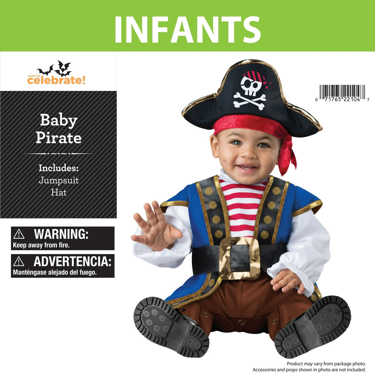 Package front of the baby pirate costume with jumpsuit and hat
