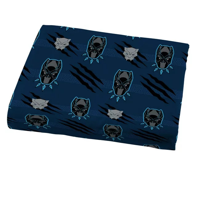 Folded navy sheet printed with Black Panther masks and claw marks