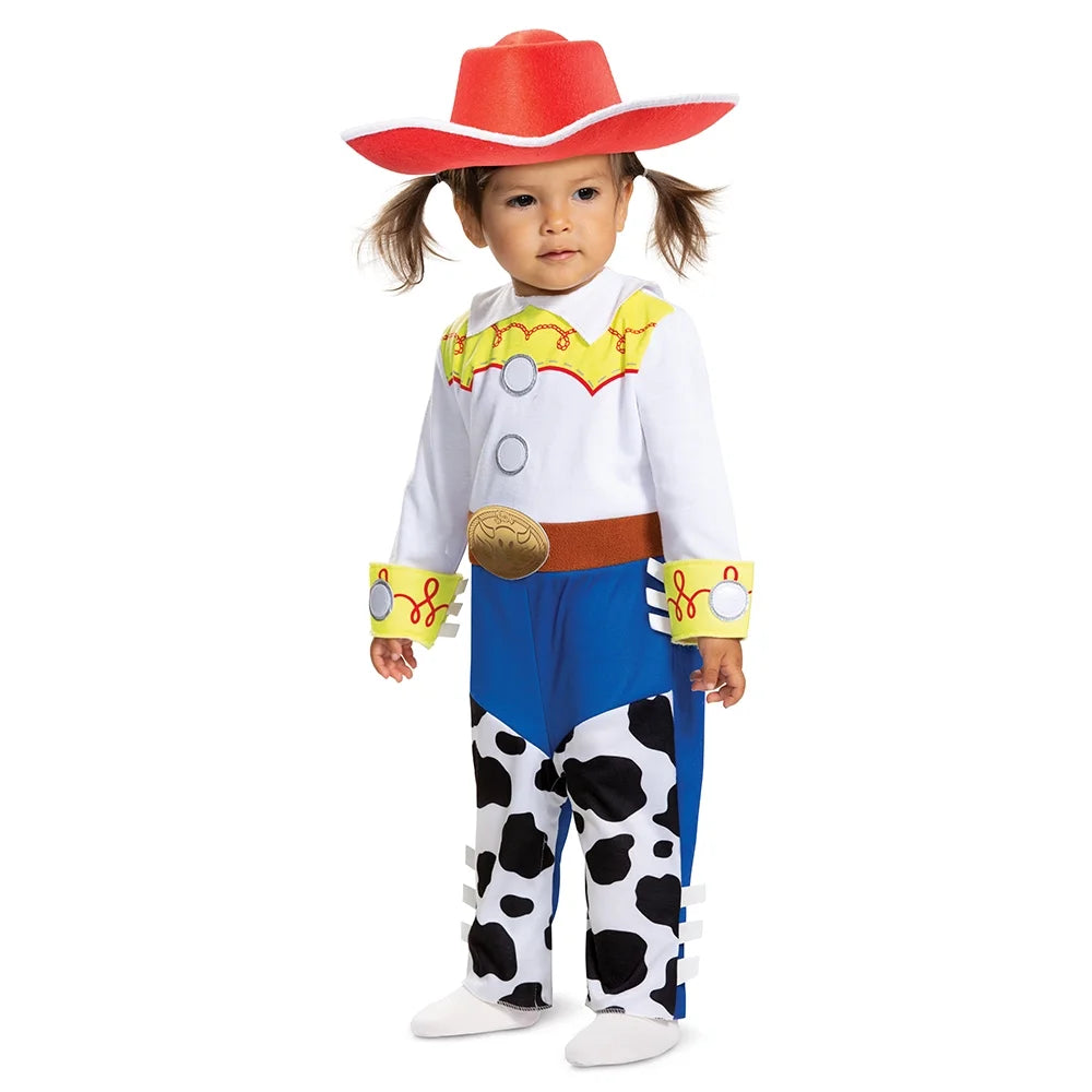 Toddler standing in the cowgirl jumpsuit with cow-print chaps and red hat