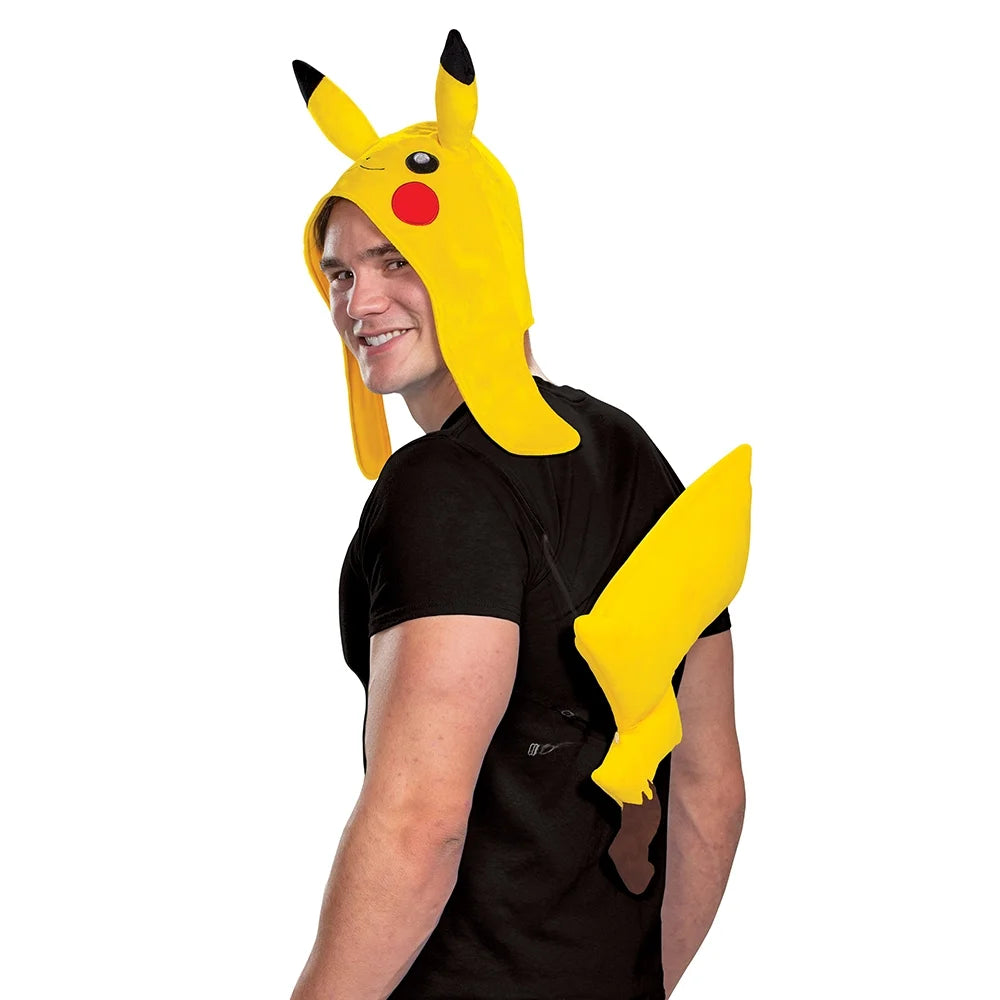 Man looking over his shoulder in the yellow eared hood with the plush tail strapped on