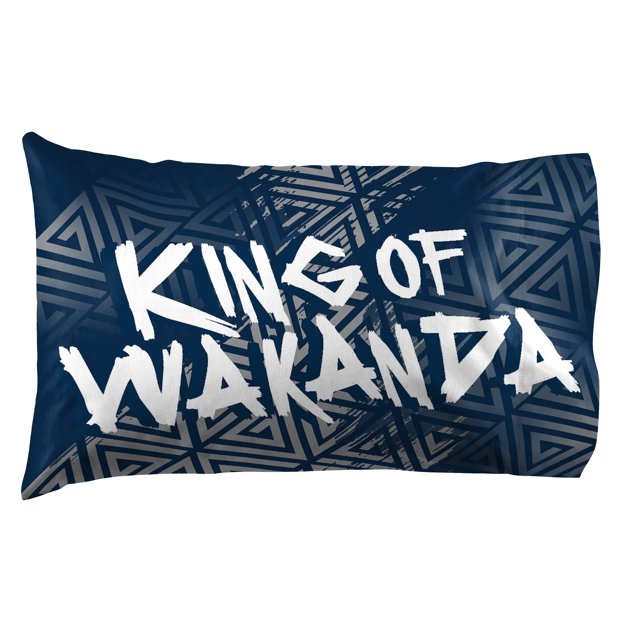 Navy pillowcase reading King of Wakanda over grey triangle patterns