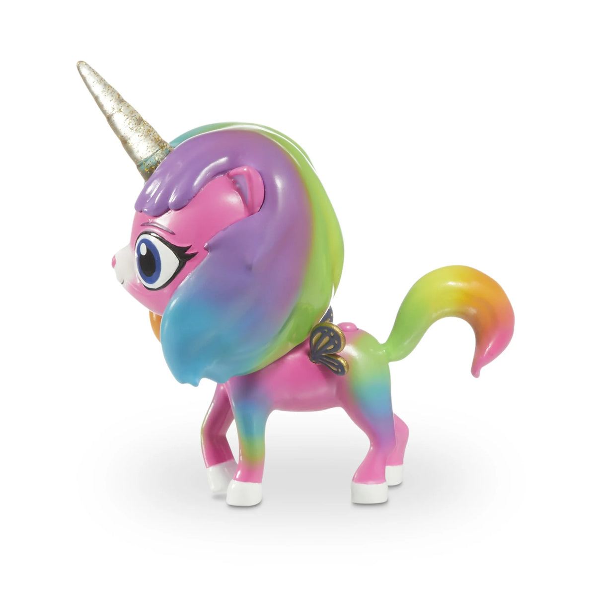 Left side view of the unicorn kitty figure with purple and green mane and glitter horn
