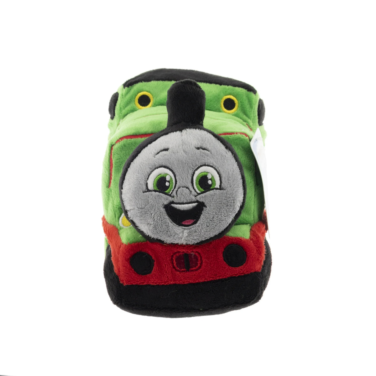 Front of the green train engine plush with a smiling grey face and green eyes