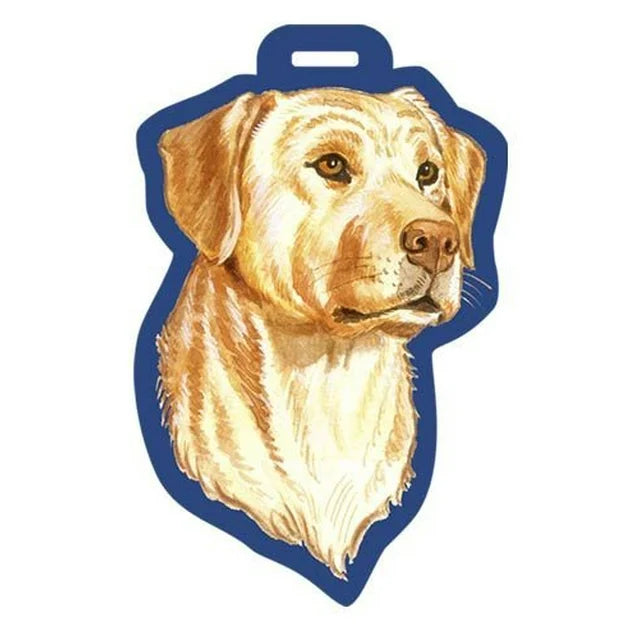 Luggage tag painted with a yellow Labrador's head on a navy blue border