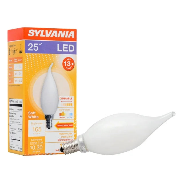 Frosted flame tip LED bulb lying in front of its orange and yellow box
