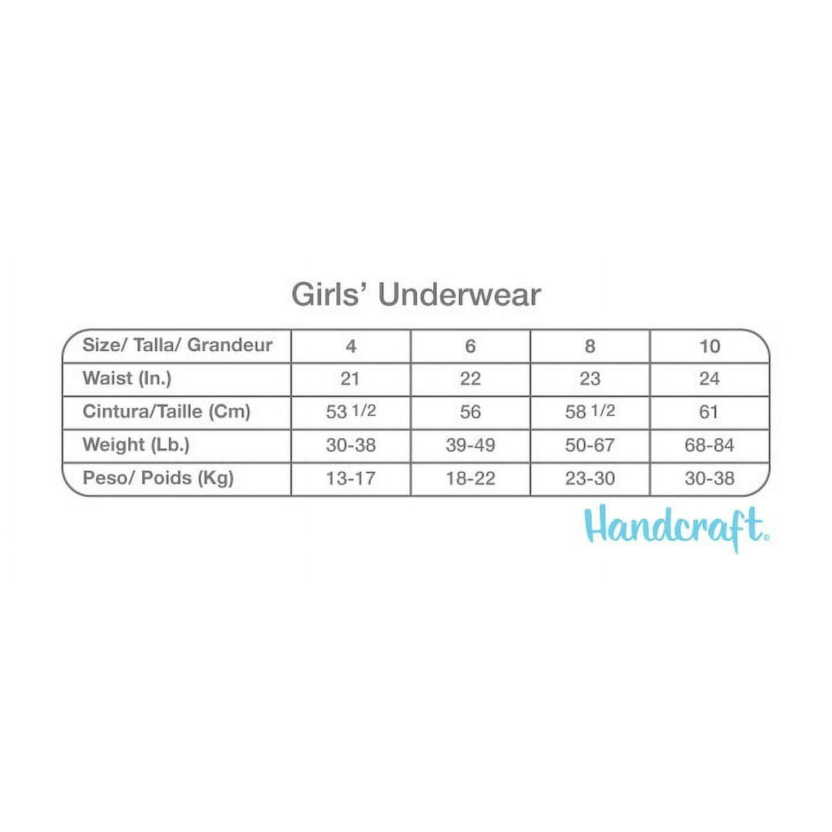 Girls' underwear size chart for sizes 4 to 10 by waist and weight