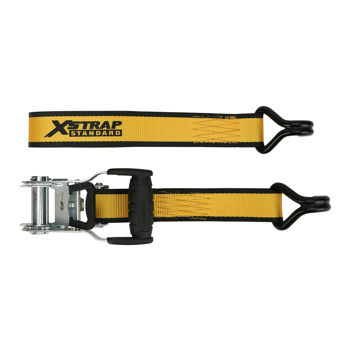 Ratchet tie-down shown in two parts with the ratchet buckle and double J hooks