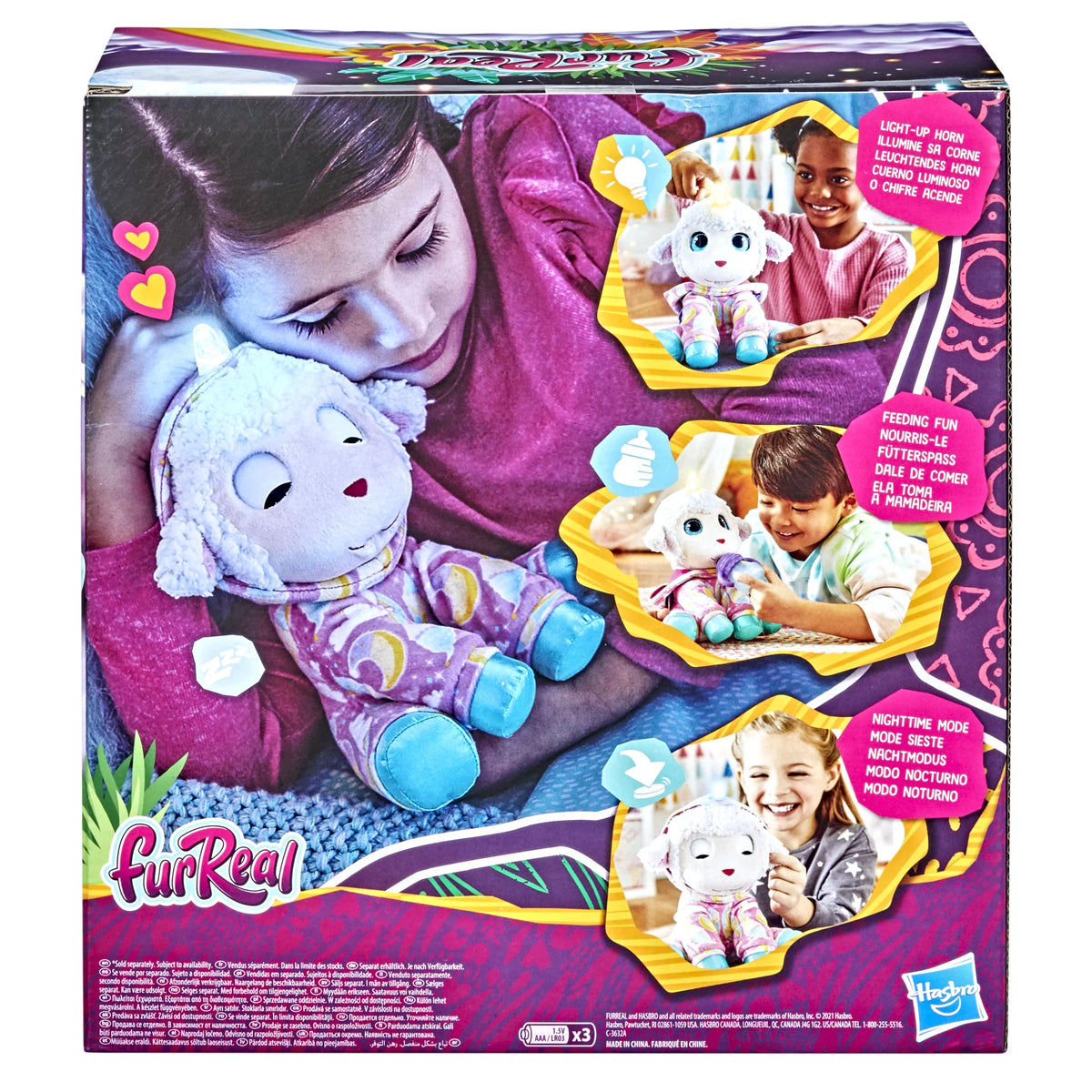 Back of the box: light-up horn, feeding fun and nighttime mode, 3 AAA batteries