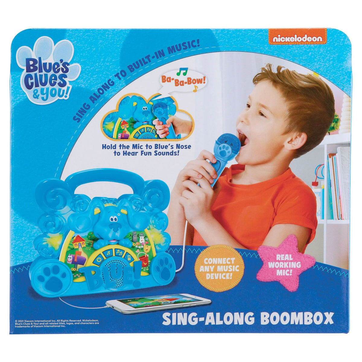 Back of the boombox box showing a boy singing and the connect-a-music-device feature