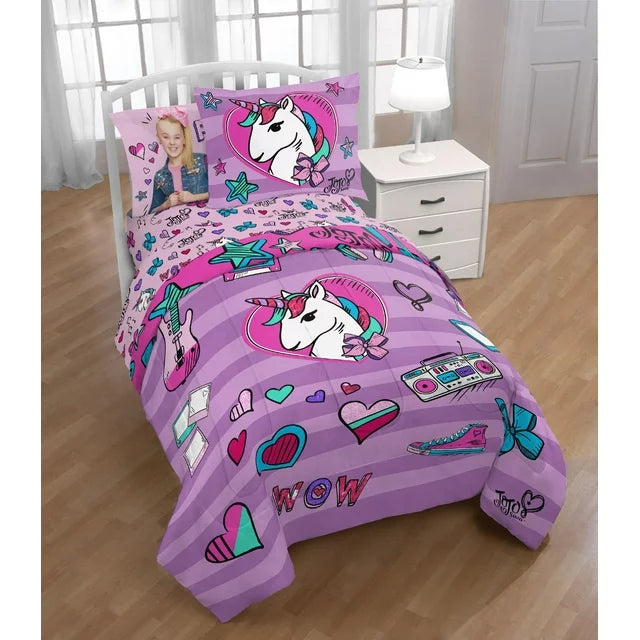 Purple unicorn comforter and sham on a white twin bed in a bedroom