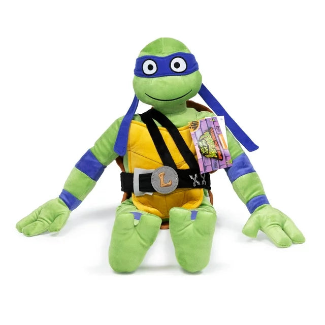 Seated Leonardo plush with Mutant Mayhem hang tag on his strap
