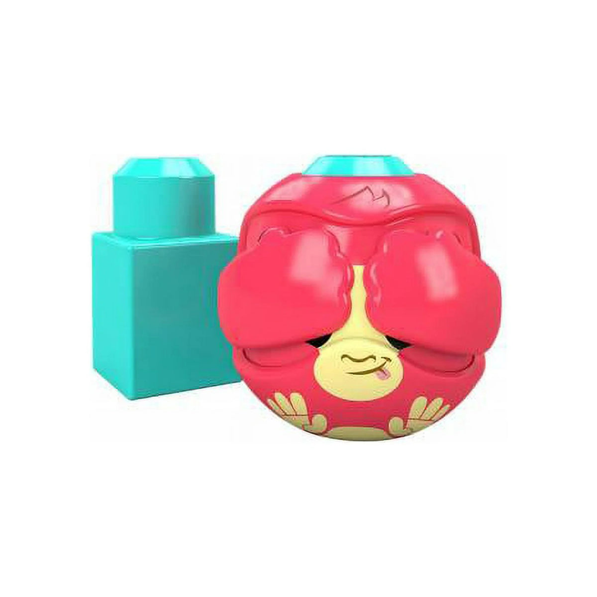 Pink monkey block with hands covering its eyes beside a teal building block
