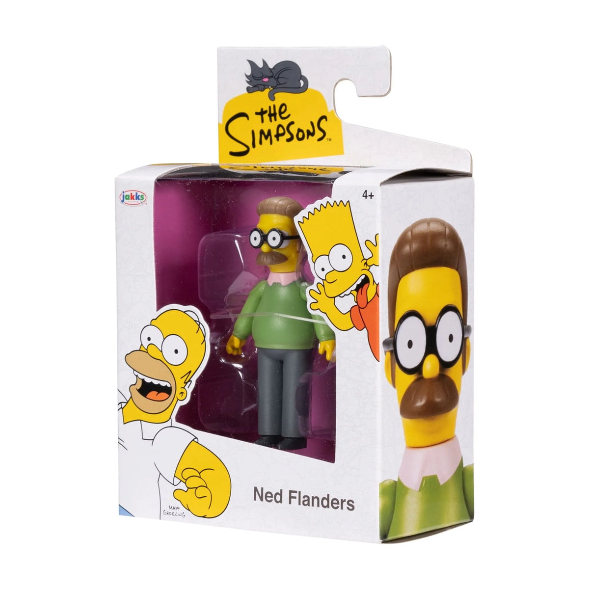 Angled view of the boxed cartoon neighbour figure with a large printed face on the box side