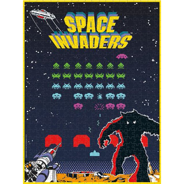 Finished puzzle of rows of pixel aliens, a rocket and a giant monster under a starry sky
