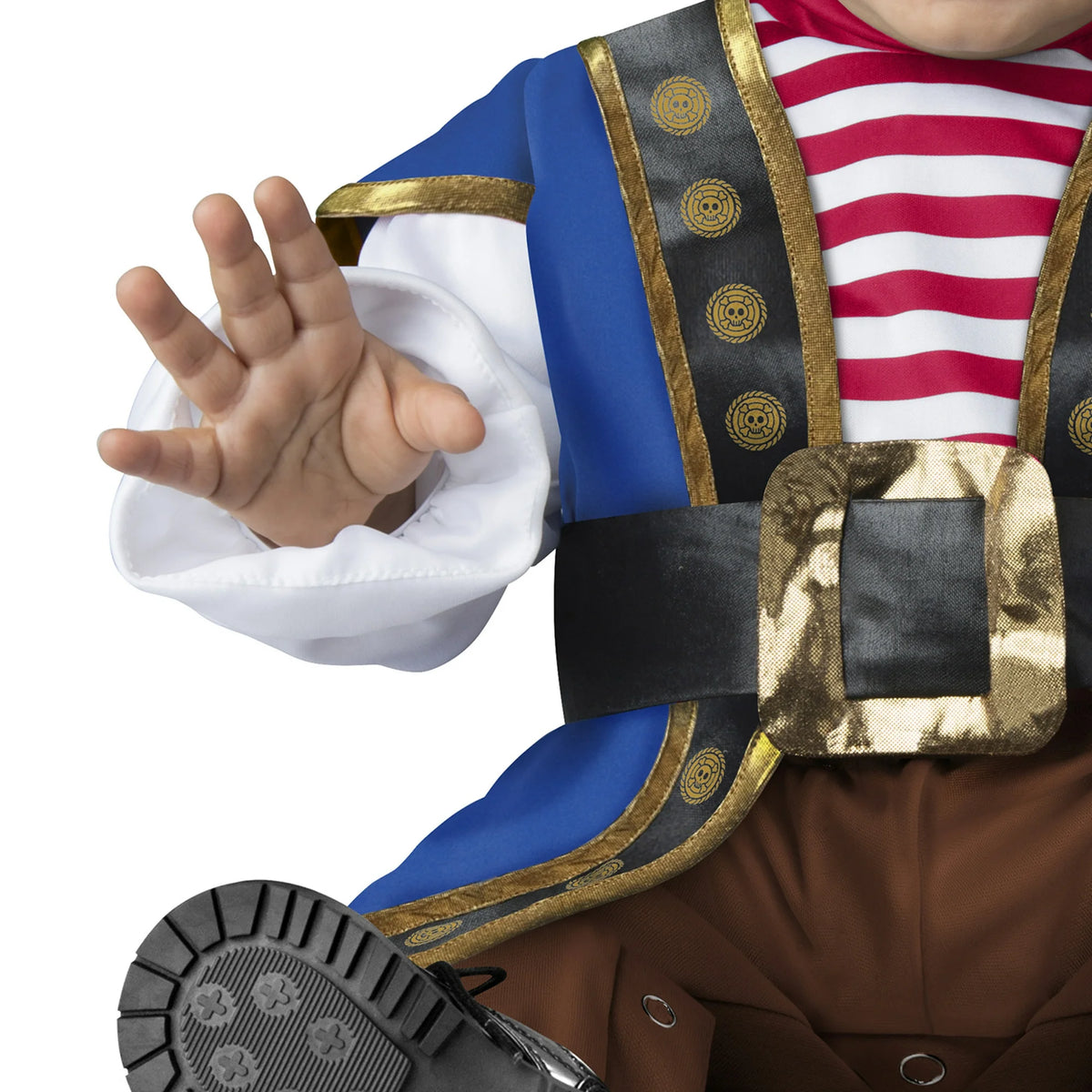 Side close-up of the pirate jumpsuit's white puffed sleeve, blue coat and belt