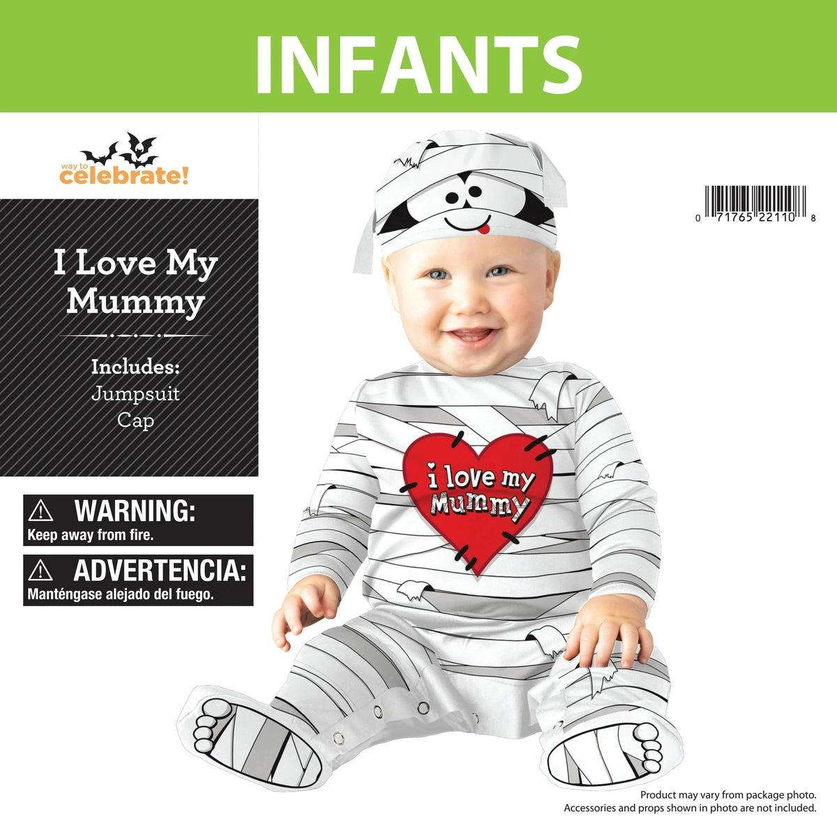Package front of the infant mummy costume with jumpsuit and cap, worn by a smiling baby