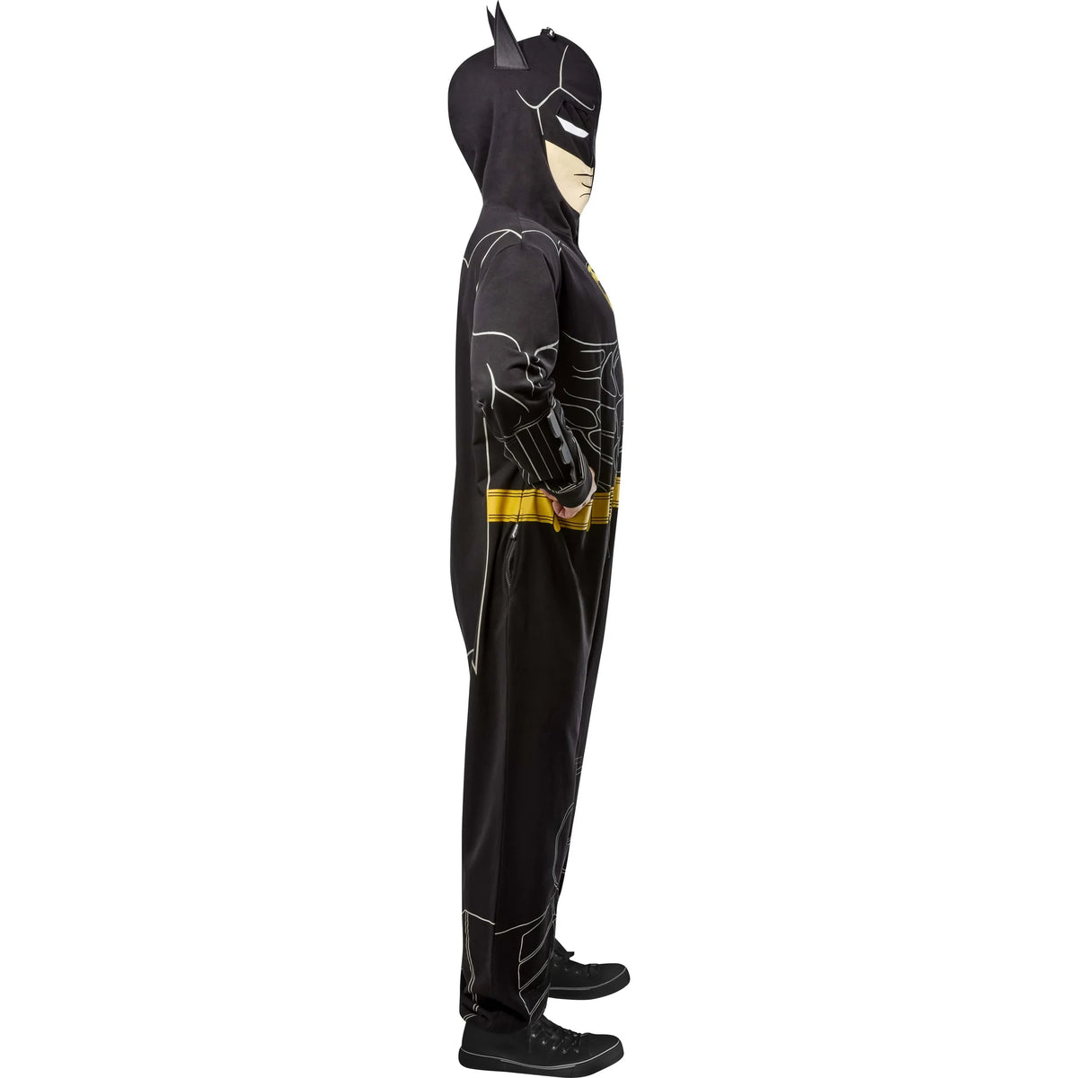 Side view of the hooded bat hero onesie showing the masked hood and zip pocket