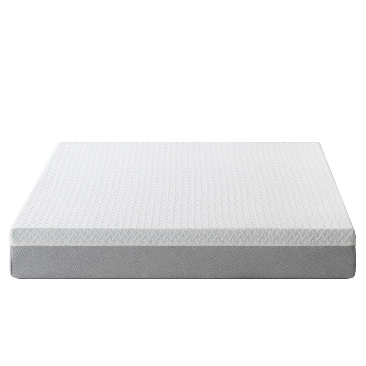 Front view of the white knit-top mattress with grey sides on a white background