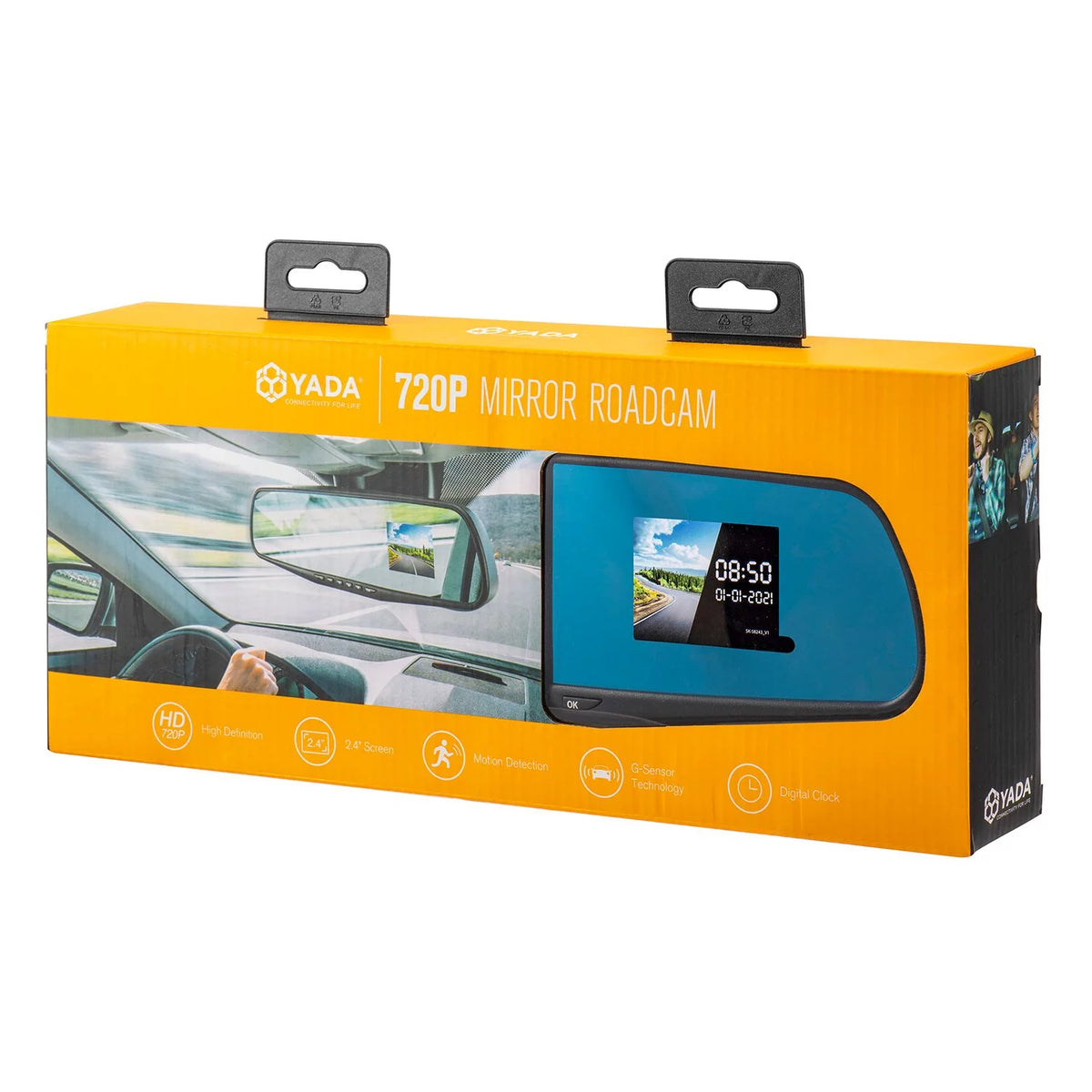 Orange retail box for the 720p mirror road cam with feature icons