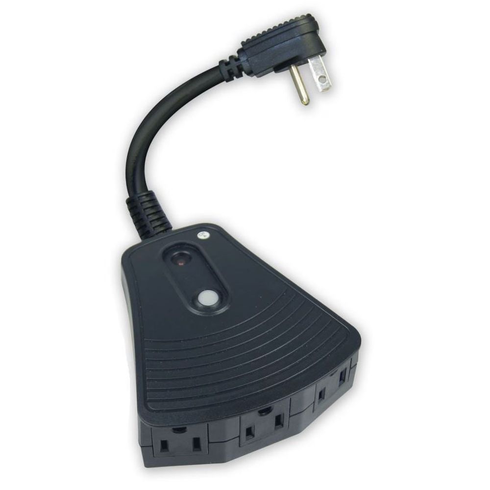 Hyper Tough wireless outdoor receiver with three grounded outlets and an angled plug