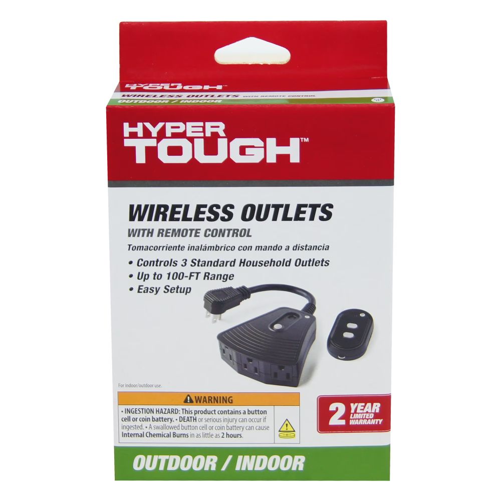 Front of the Hyper Tough Wireless Outlets box: controls 3 outlets, up to 100 ft range