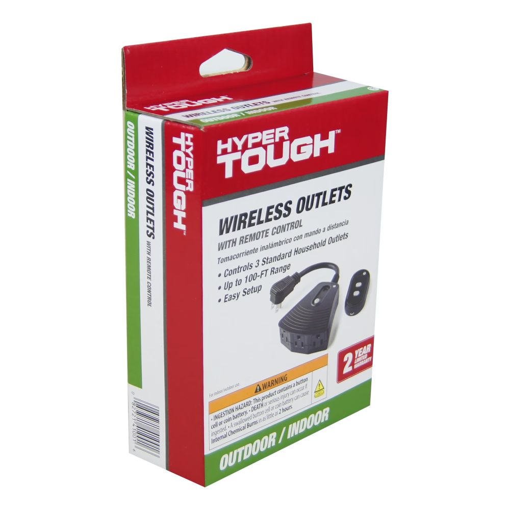 Hyper Tough Wireless Outlets with remote control box shown at an angle