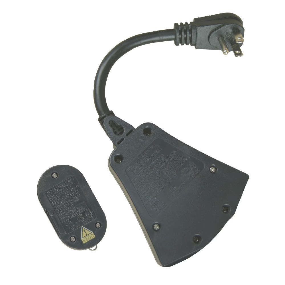 Back of the 3-outlet receiver and the remote showing their labels