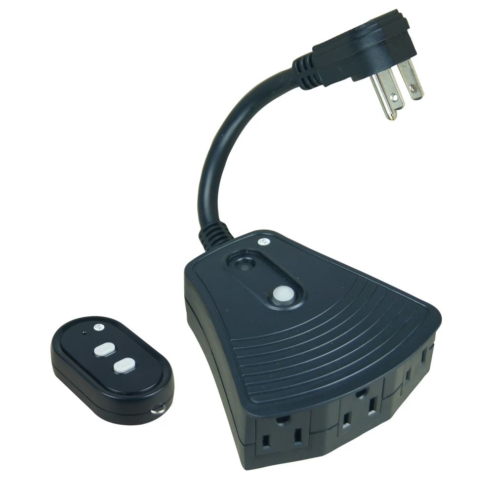 Hyper Tough black outdoor wireless outlet with 3 grounded outlets and its 2-button remote