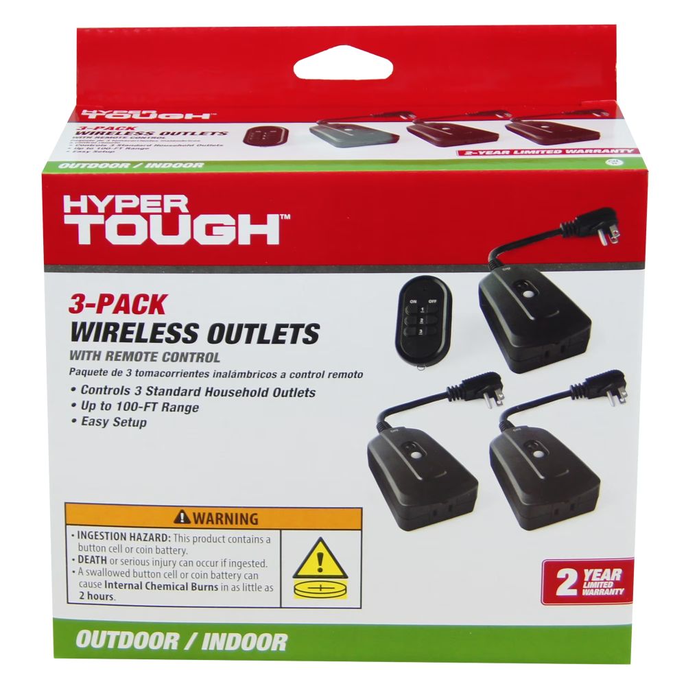 Front of the Hyper Tough 3-Pack Wireless Outlets with Remote Control box, outdoor/indoor