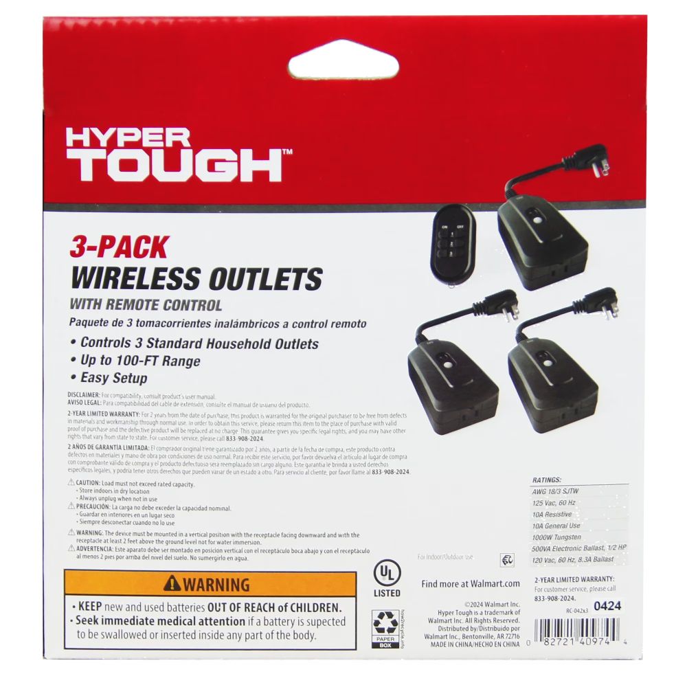 Back of the Hyper Tough 3-pack box with 125V 10A ratings and warnings