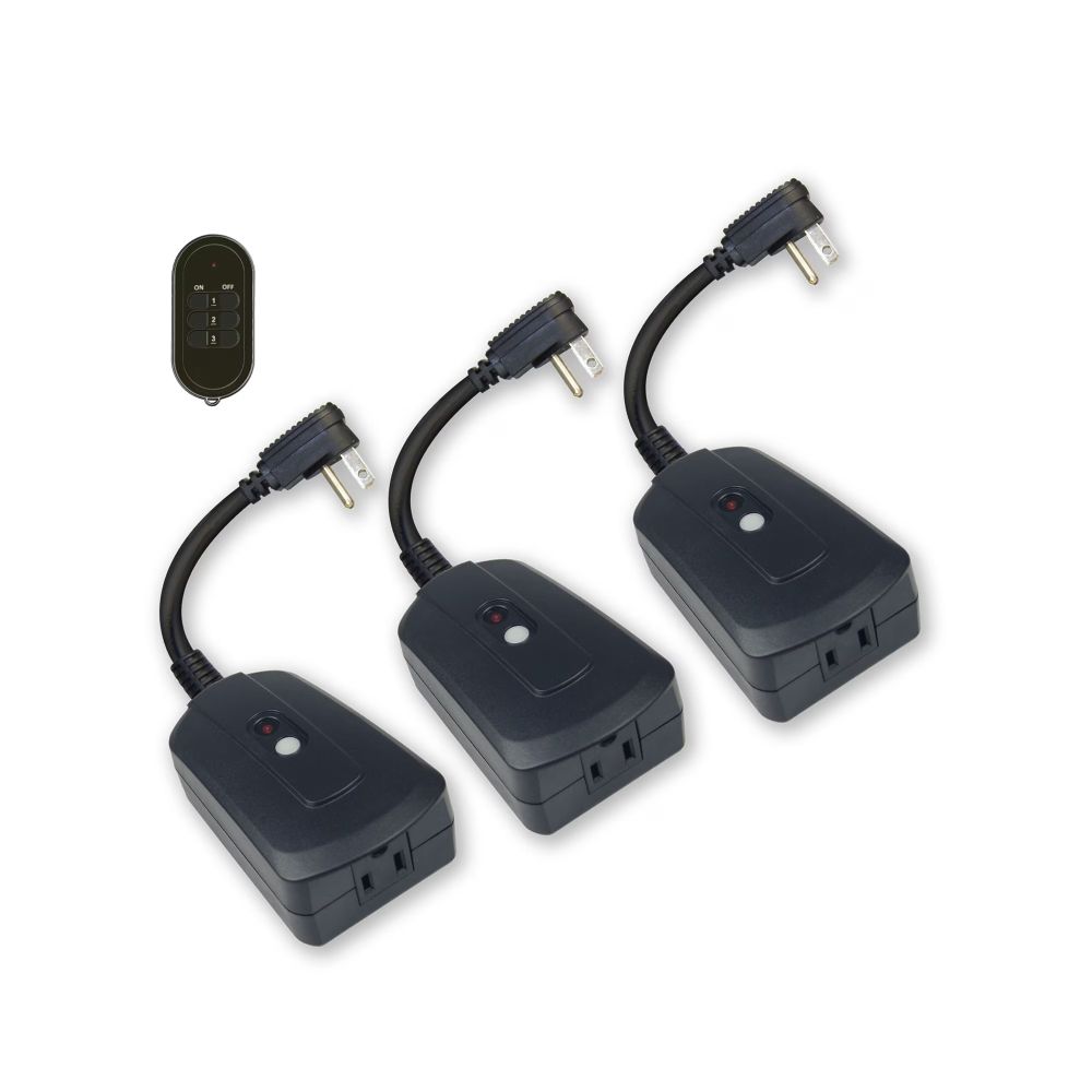 Three black Hyper Tough outdoor wireless outlets with angled plugs, and the remote
