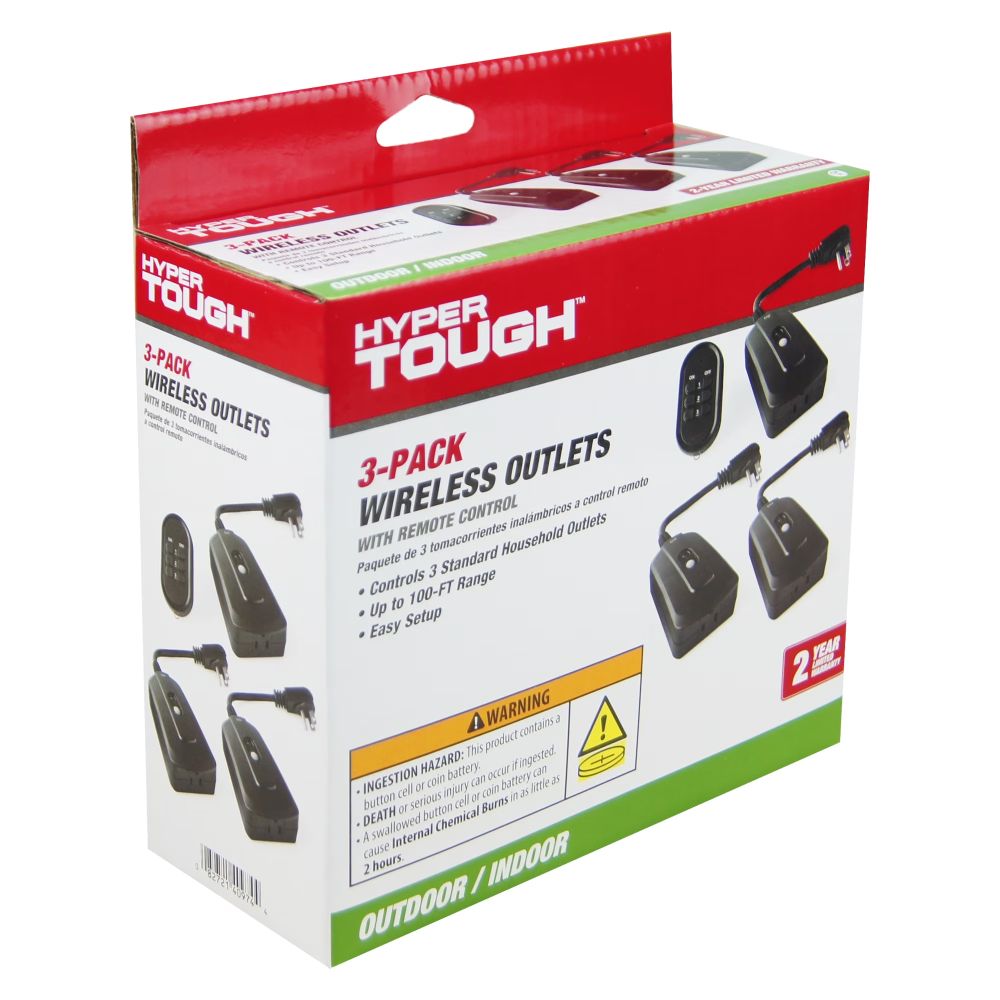 Hyper Tough 3-Pack Wireless Outlets box shown at an angle