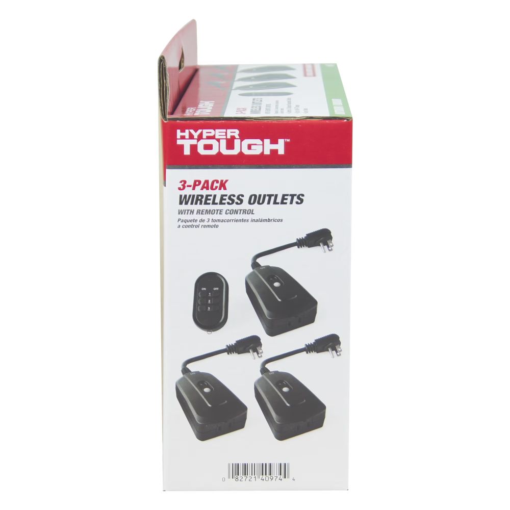 Side of the Hyper Tough 3-pack box showing the remote and three outlets