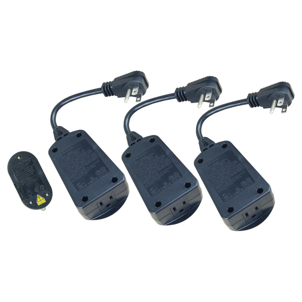 Backs of the three single-outlet receivers and the remote showing their labels
