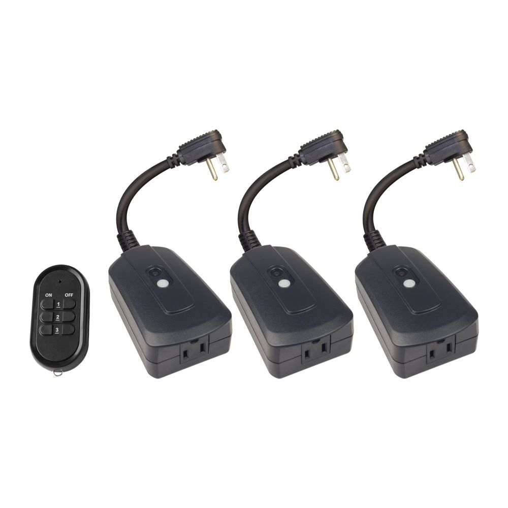 Three Hyper Tough single-outlet wireless receivers with a black 3-channel remote