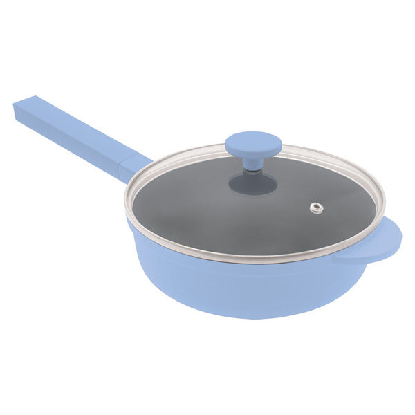 Light blue 8 inch pan with long blue handle and glass lid with blue knob and steam vent, on white