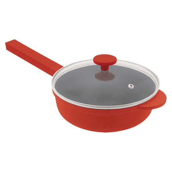 Red 8 inch pan with long red handle and glass lid with red knob and steam vent, on white