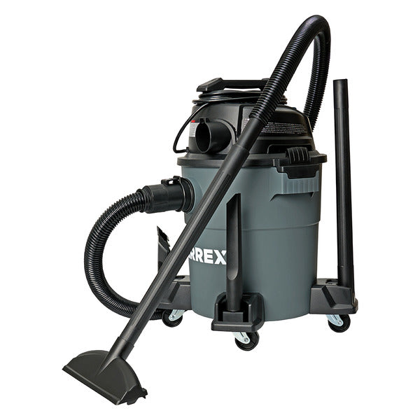Grey and black 6 gallon wet and dry shop vacuum with hose, wand and floor tool