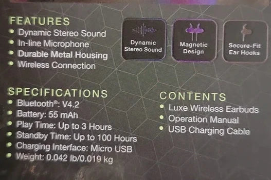 Close-up of the box listing features, Bluetooth 4.2, 3-hour play time and contents