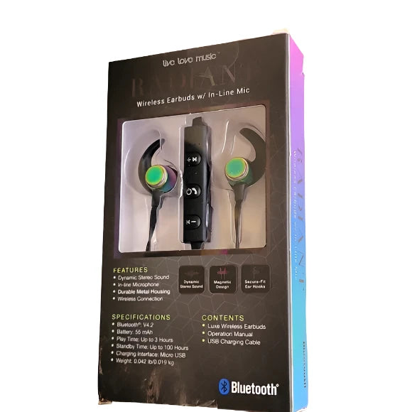 Angled view of the boxed wireless earbuds with features and specifications listed