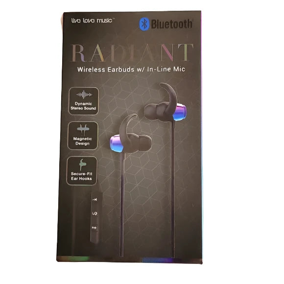 Back of the earbuds box showing iridescent buds with ear hooks and icons