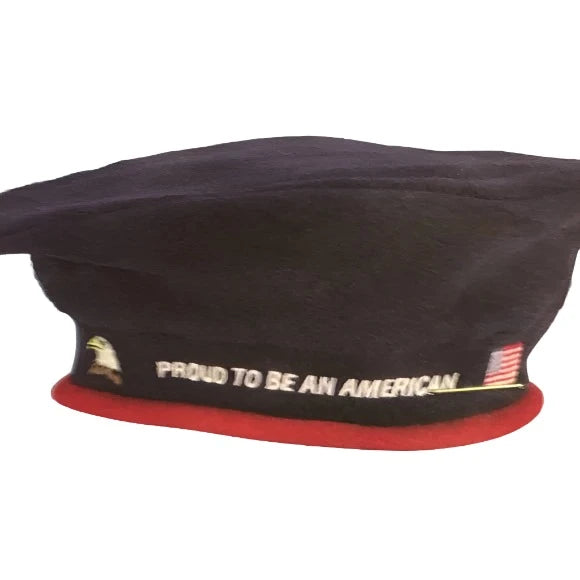 Navy beret with red band and Proud to Be an American embroidery, eagle and flag
